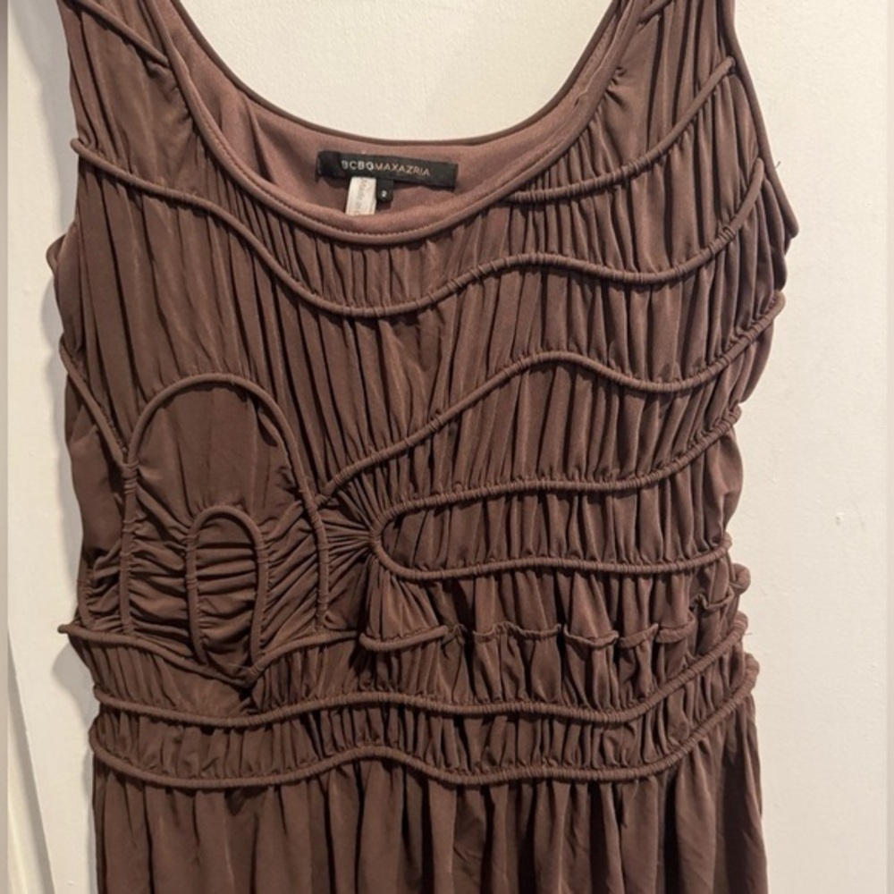 Vintage BCBGMaxAzria grecian smocked brown mini dress flared fitted flowy US2 - Picture 3 of 5